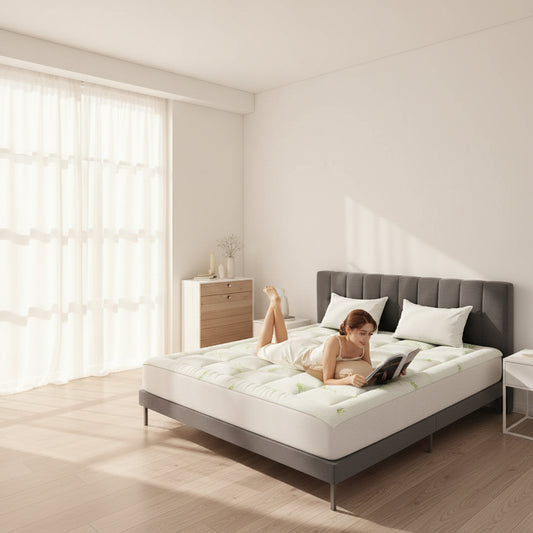 Woman lying on a mattress with a gray headboard and wooden nightstand in a bedroom.