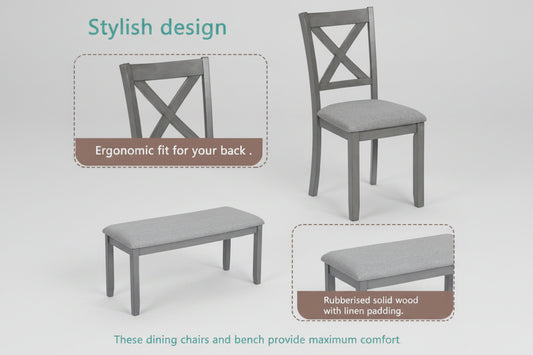 Gray dining chairs and bench with text highlighting design and comfort features on a white background