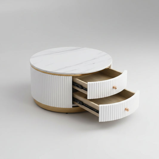 Round wooden table with marble top and open drawers on a white background